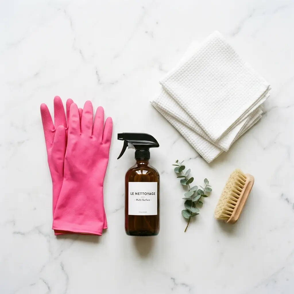 Pink cleaning gloves, spray bottle and folded white towels on marble